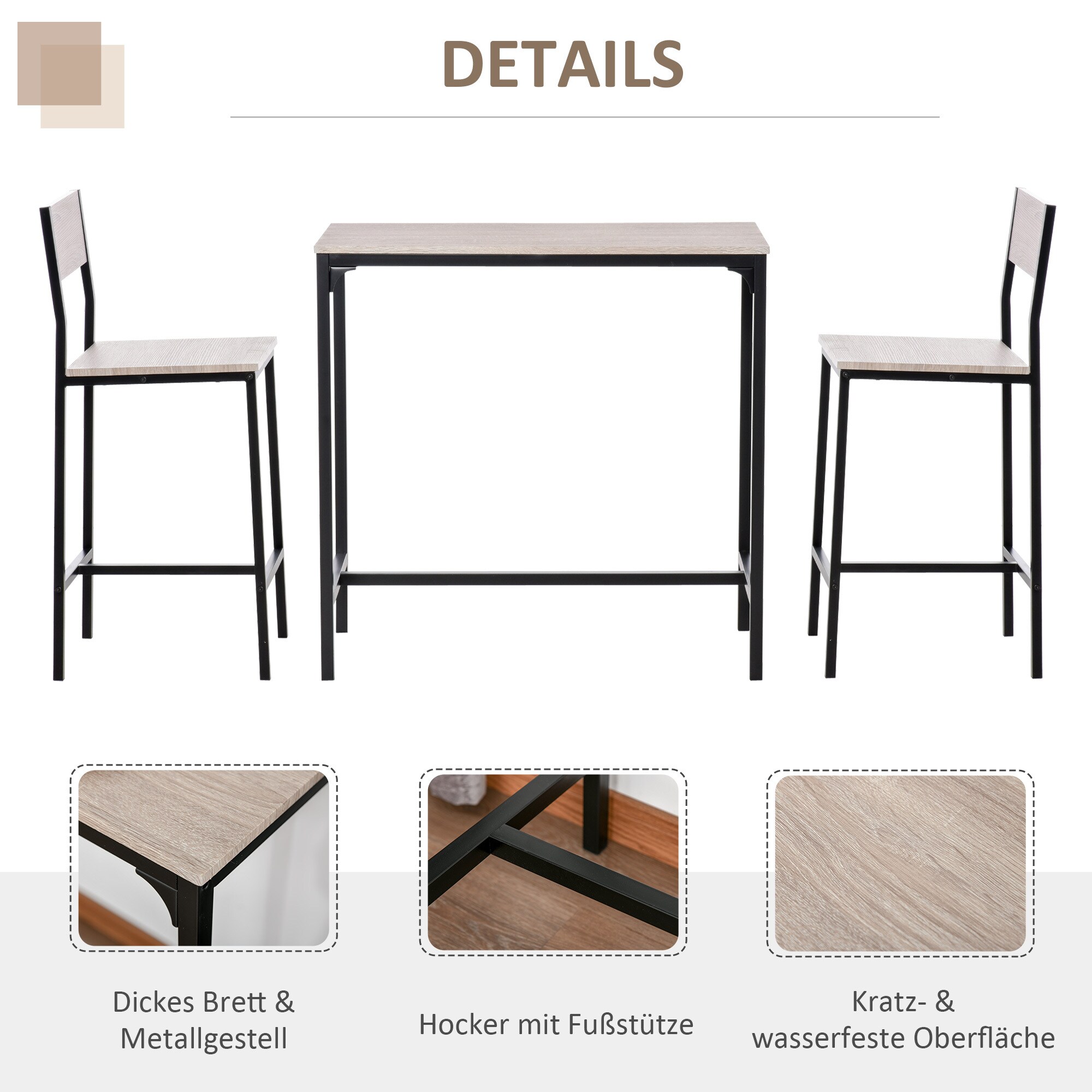 HOMCOM Bartisch mit 2 Stühlen natur, schwarz