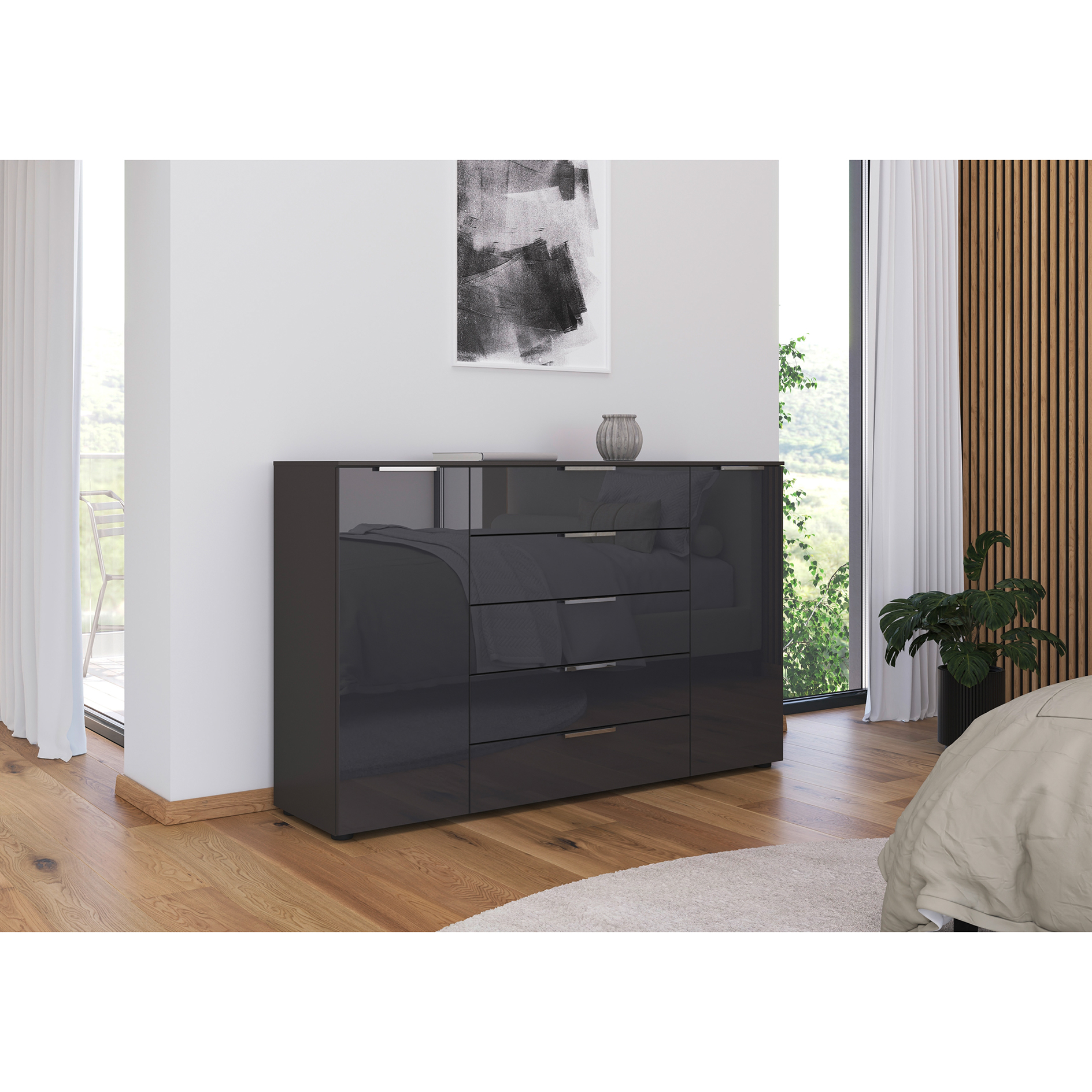 Kommode - graphit-Basaltglas - Chromgriffe - 160 cm