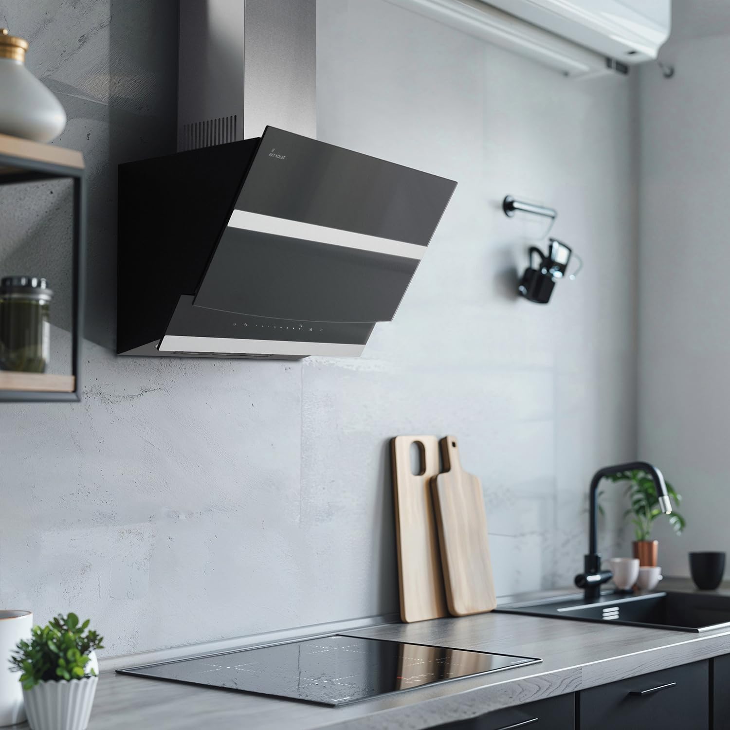 KKT KOLBE A+++ Dunstabzugshaube 80 cm Kopffreie Wandhaube Edelstahl schwarzes Glas Nachlaufautomatik LED-Beleuchtung SensorTouch-Bedienung HERMES8005S