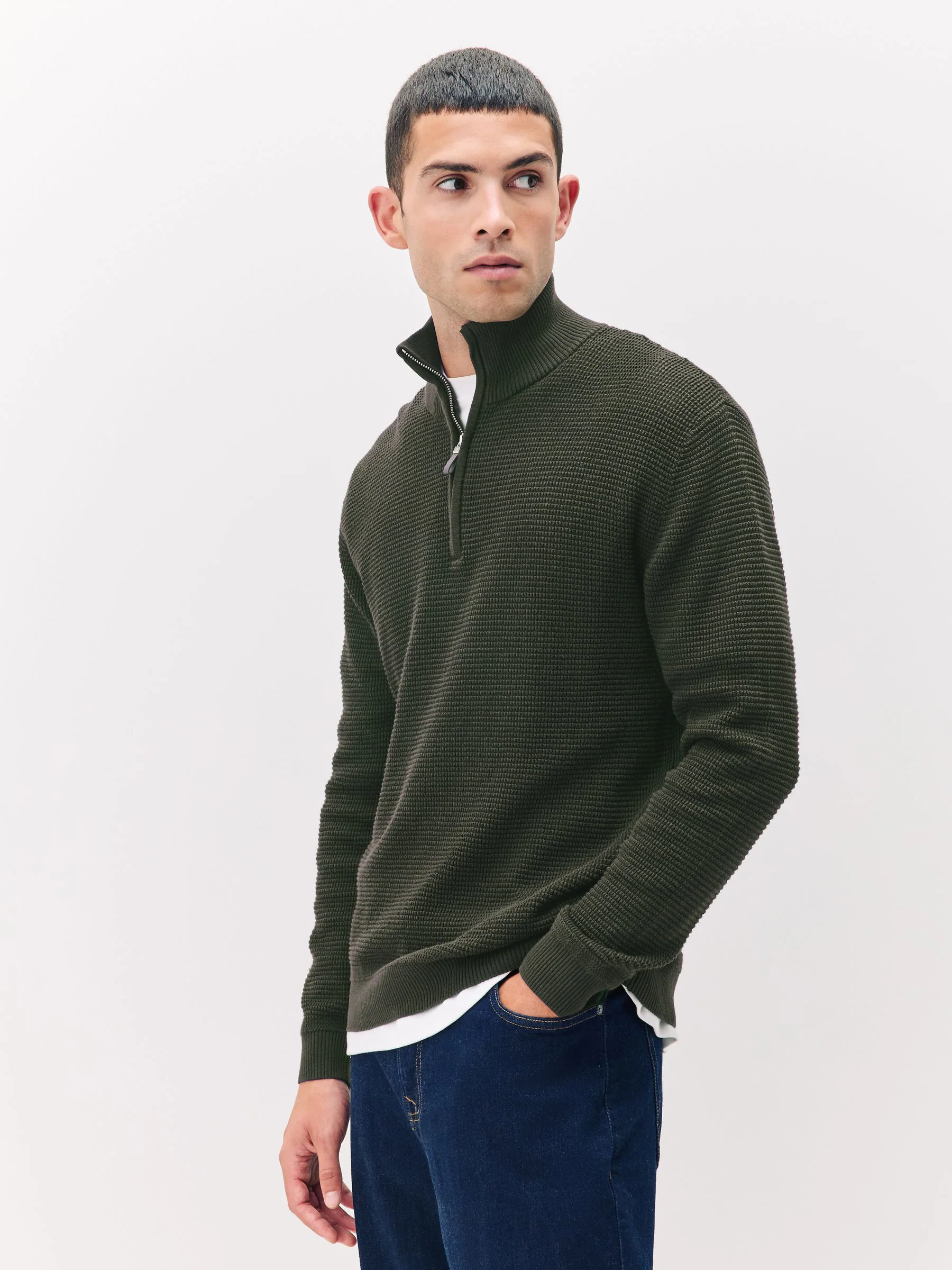 Kakigroen - Effen - Regular Fit 100% Cotton Textured Premium Quarter Zip Jumper