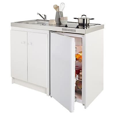 Kitchenette Simply blanche, caisson + plan de travail + évier + frigo + plaque vitrocéramique
