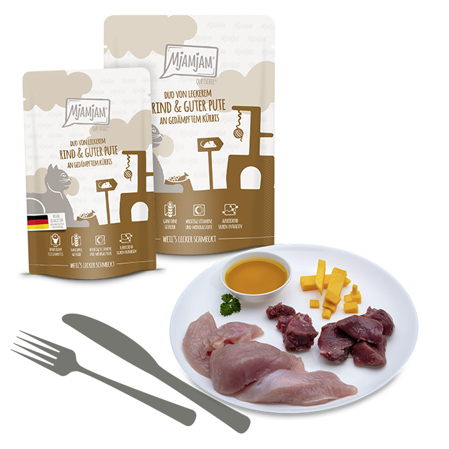 Quetschie - DUO von leckerem Rind & guter Pute an gedämpftem Kürbis