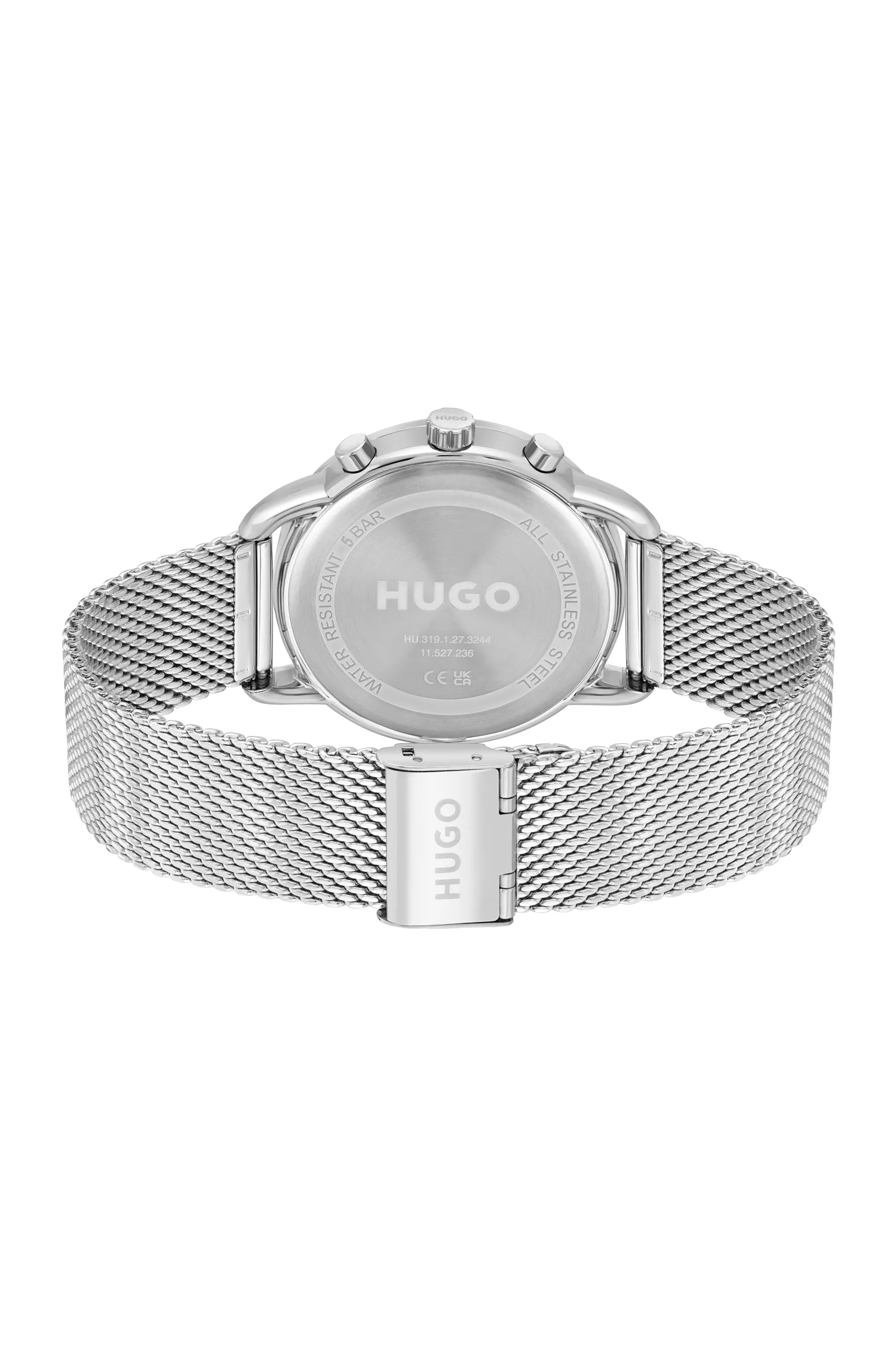 Relógio HUGO em aço inoxidável vermelho com mostrador preto e pulseira de malha.