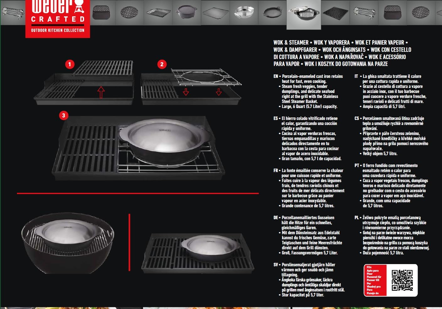 Weber Crafted Wok & Dampfgaraufsatz / 2-in-1 Edelstahl-Set zum Braten und Dämpfen von Gemüse, Fleisch oder Fisch – Silber (7607)