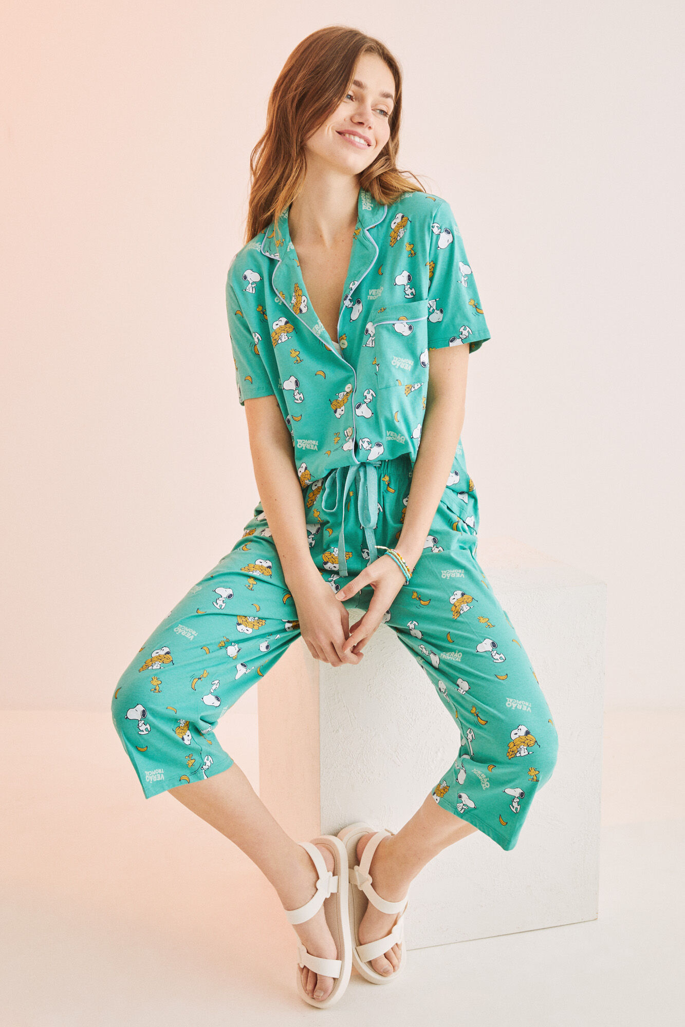 Pijama Camisa Snoopy 100% Algodão Verde Capri - Estampado