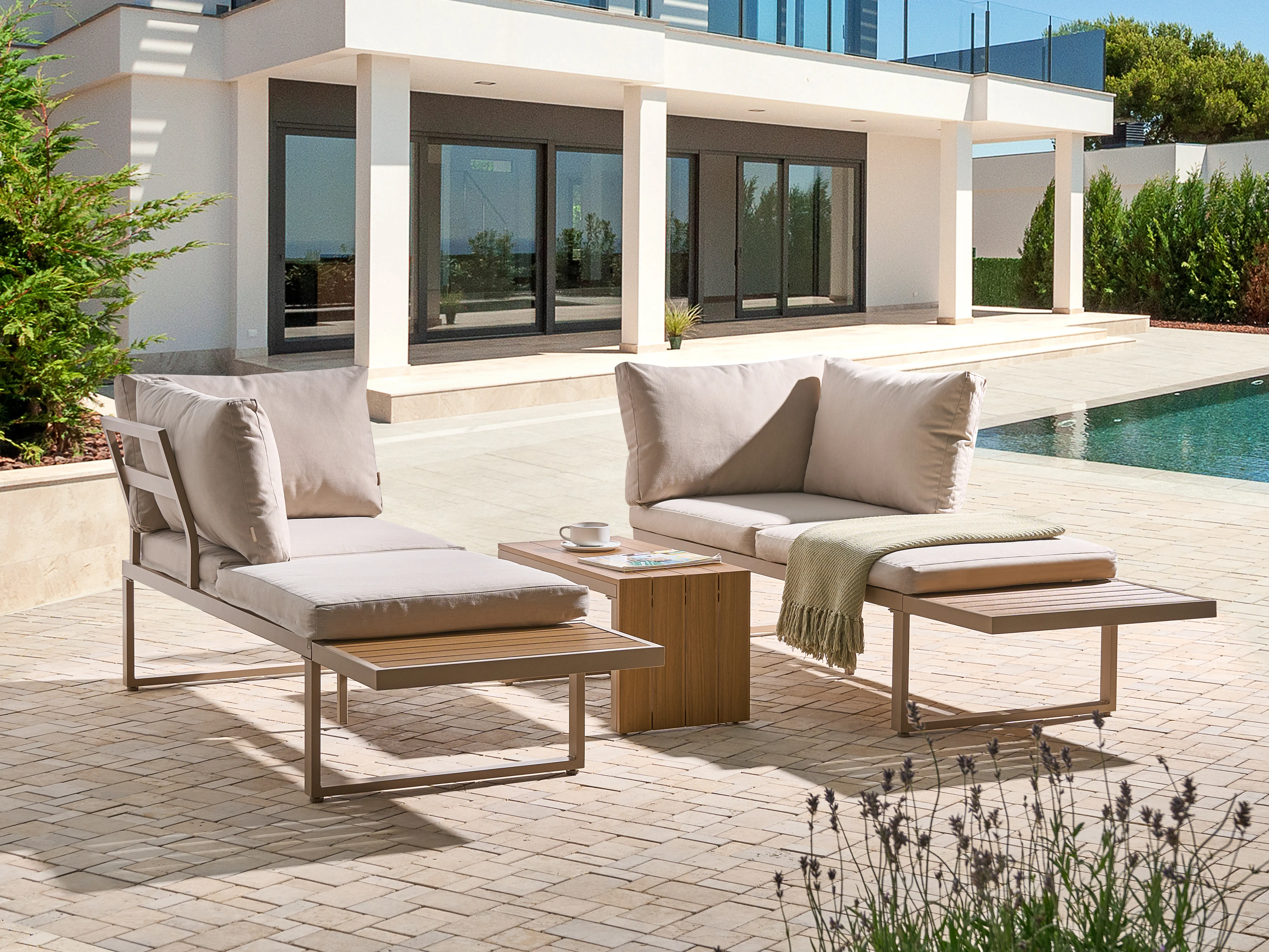 Tuin hoekloungeset met tafel 4-zits PIENZA rechtszijdig modulair Lichtbruin/beige