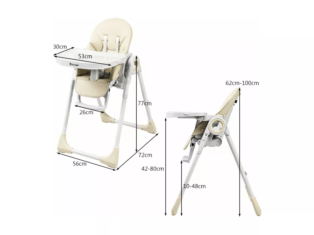 Chaise Haute Bébé Evolutive Pliable 2 en 1 en PP Hauteur et Angle Réglables avec Assiette,Plateau de Jeu Charge 20KG Beige