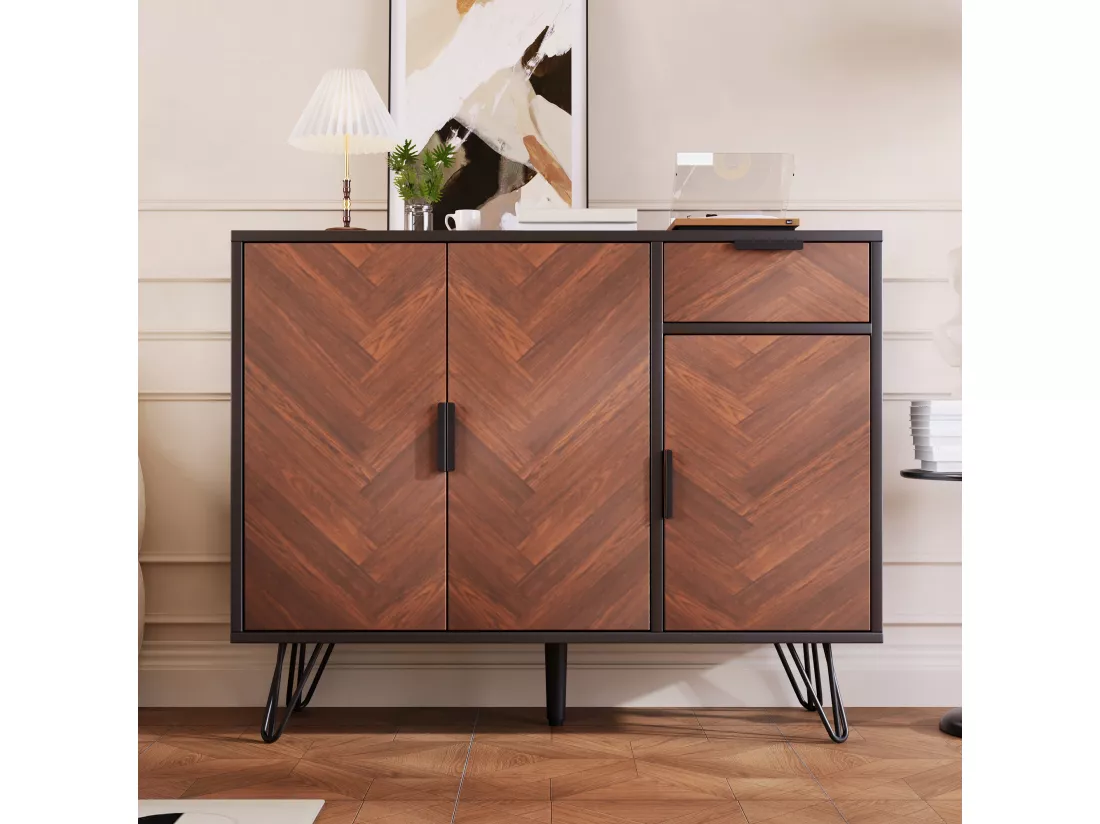 Meuble de Rangement Moderne, Buffet Noir avec Effet Bois, 1 Tiroir et Étagères Réglables en Hauteur (90 x 30 x 71,5 cm)