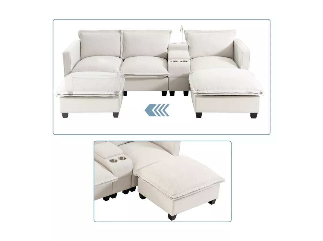 Canapé 3 places en chenille - avec USB et liseuse - avec porte-gobelet et avec repose-pieds - Beige