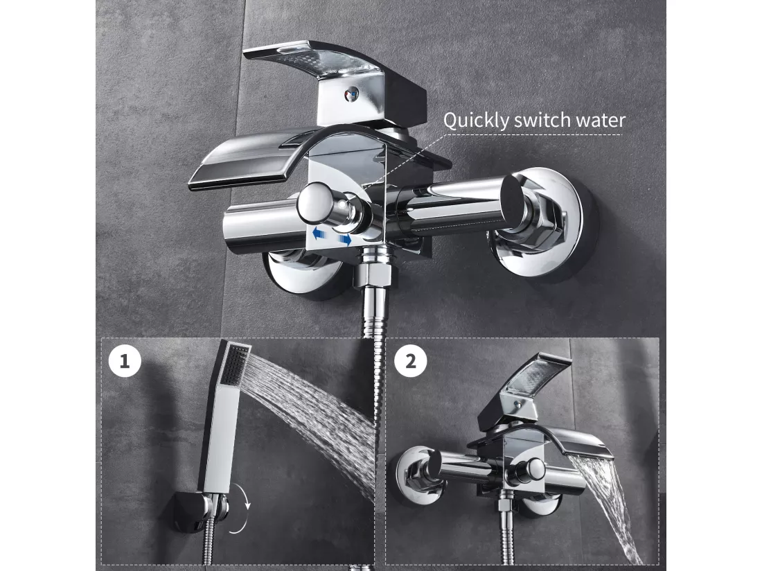 Mitigeur de Baignoire Robinet de Douche en Cascade avec Pommeau de douche Economie d'eau Laiton Chrome pour Salle de bain