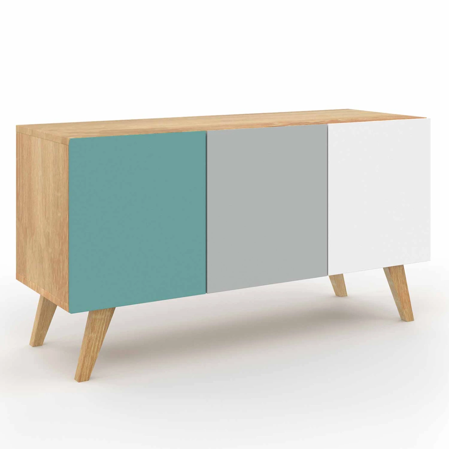 Buffet bas scandinave 113 cm ALICE 3 portes bleu, gris et blanc