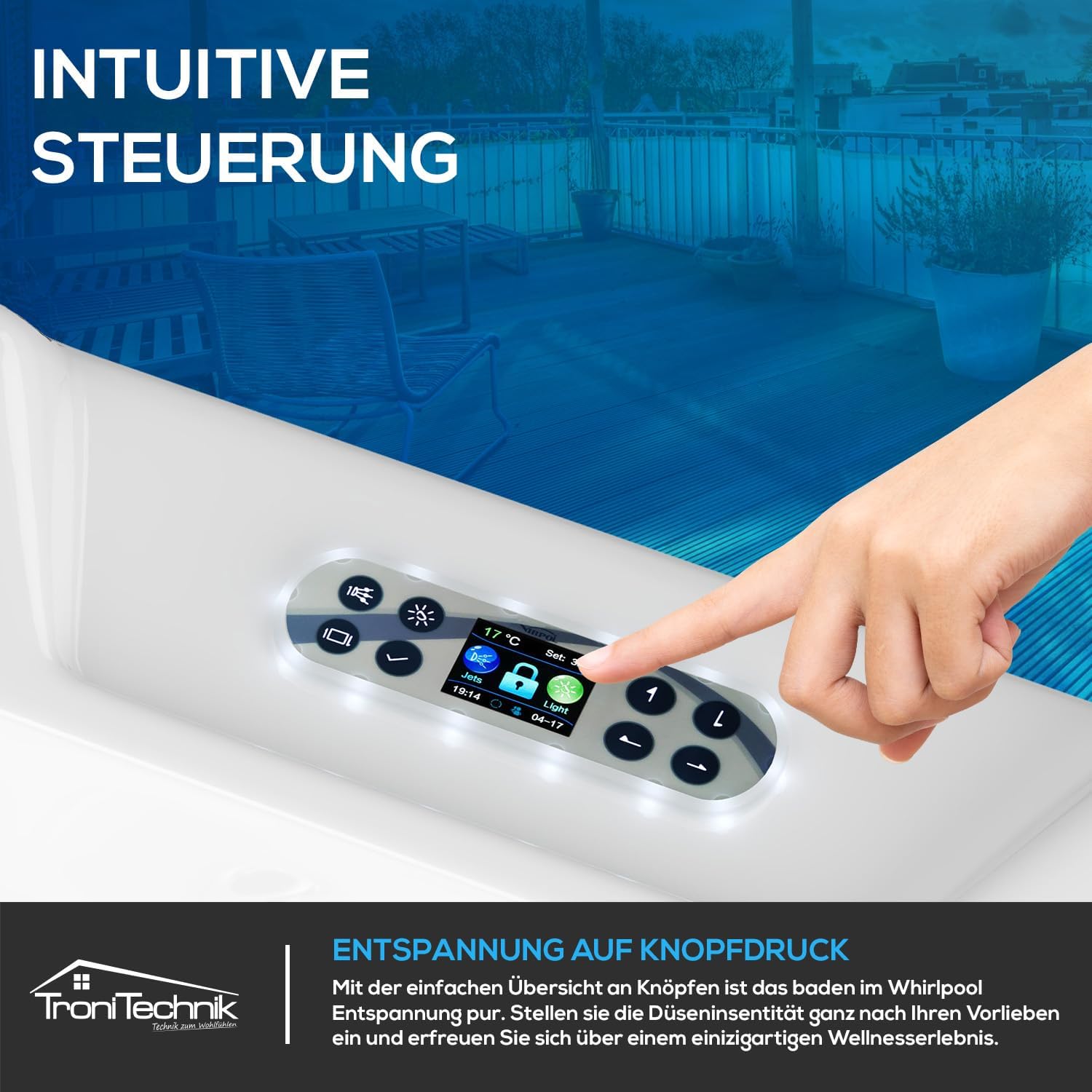 Tronitechnik® Outdoor Whirlpool Spa PANAREA außen Badewanne weiß 210cm x 210cm mit Heizung, Hydromassage und Farblichtherapie