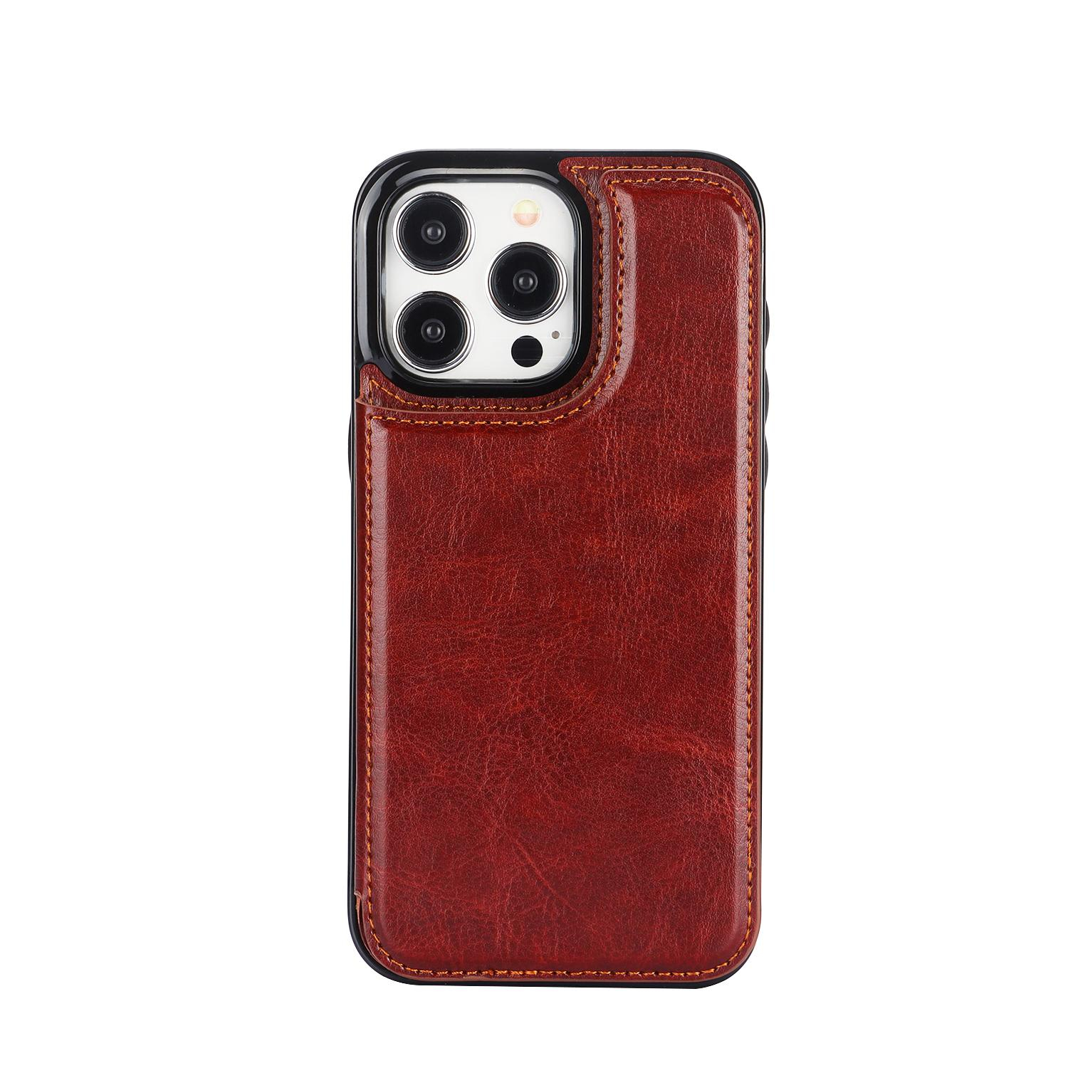 iPhone 15 Pro Hybrid Leder Hülle mit Kartenfach   Kickstand Aufsteller - Braun