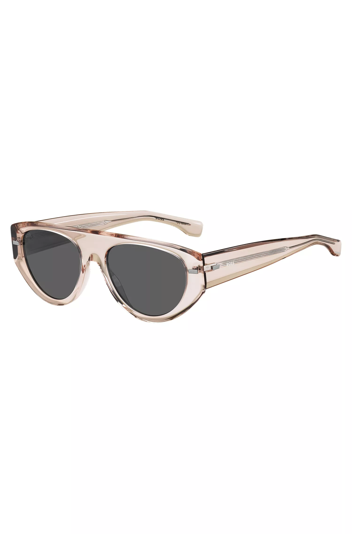 Óculos de sol BOSS em bioacetato preto e rosa translúcido com rebites estampados.