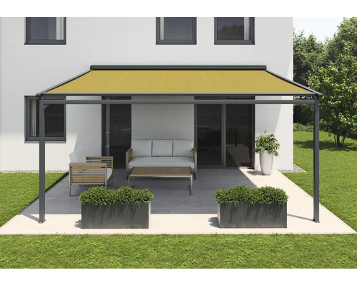 SOLUNA Pergola met stoffen dak 4x3, stoffen dessin S1468, frame RAL 7016 antracietgrijs, aandrijving links inclusief motor, wandschakelaar (wandmontage)