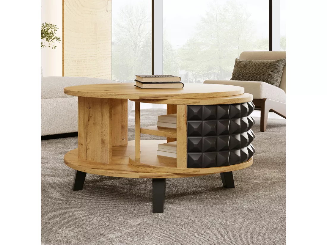 Table basse pivotante moderne avec rangement caché, design bicolore bois et noir