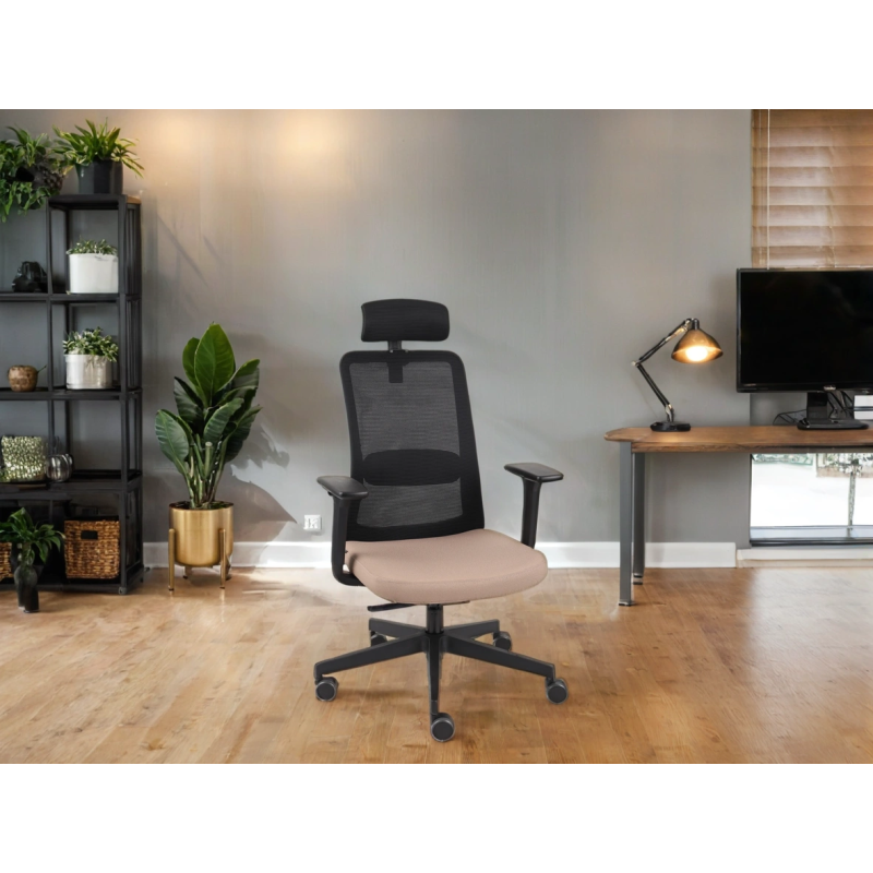 Chaise de bureau ergonomique Nico, tissu et maille, accoudoirs 3D, appui-tête, mécanisme synchrone + réglage profondeur d'assise