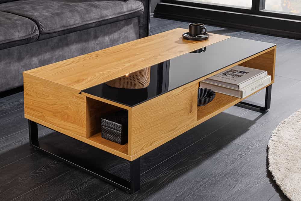 Höhenverstellbarer Couchtisch APARTMENT 110cm natur Eiche schwarz Metall Stauraum
