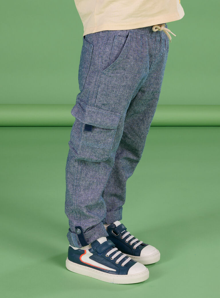 Pantalon bleu nuit chiné en lin et coton mélangés