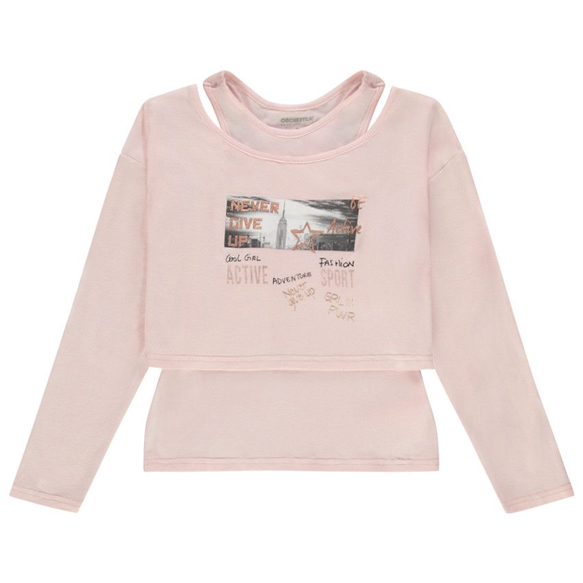 T-shirt manches longues print paysage avec débardeur uni - Rose