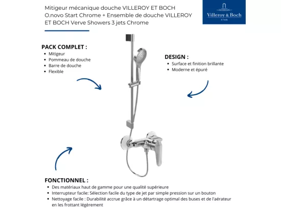 Mitigeur mécanique douche VILLEROY ET BOCH O.novo Start Chrome + Ensemble de douche VILLEROY ET BOCH Verve Showers 3 jets Chrome