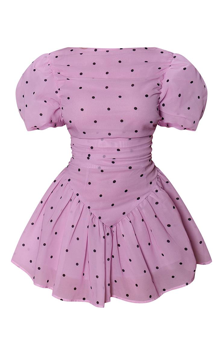 Lilas Robe Courte En Mousseline À Pois Avec Manches Bouffantes