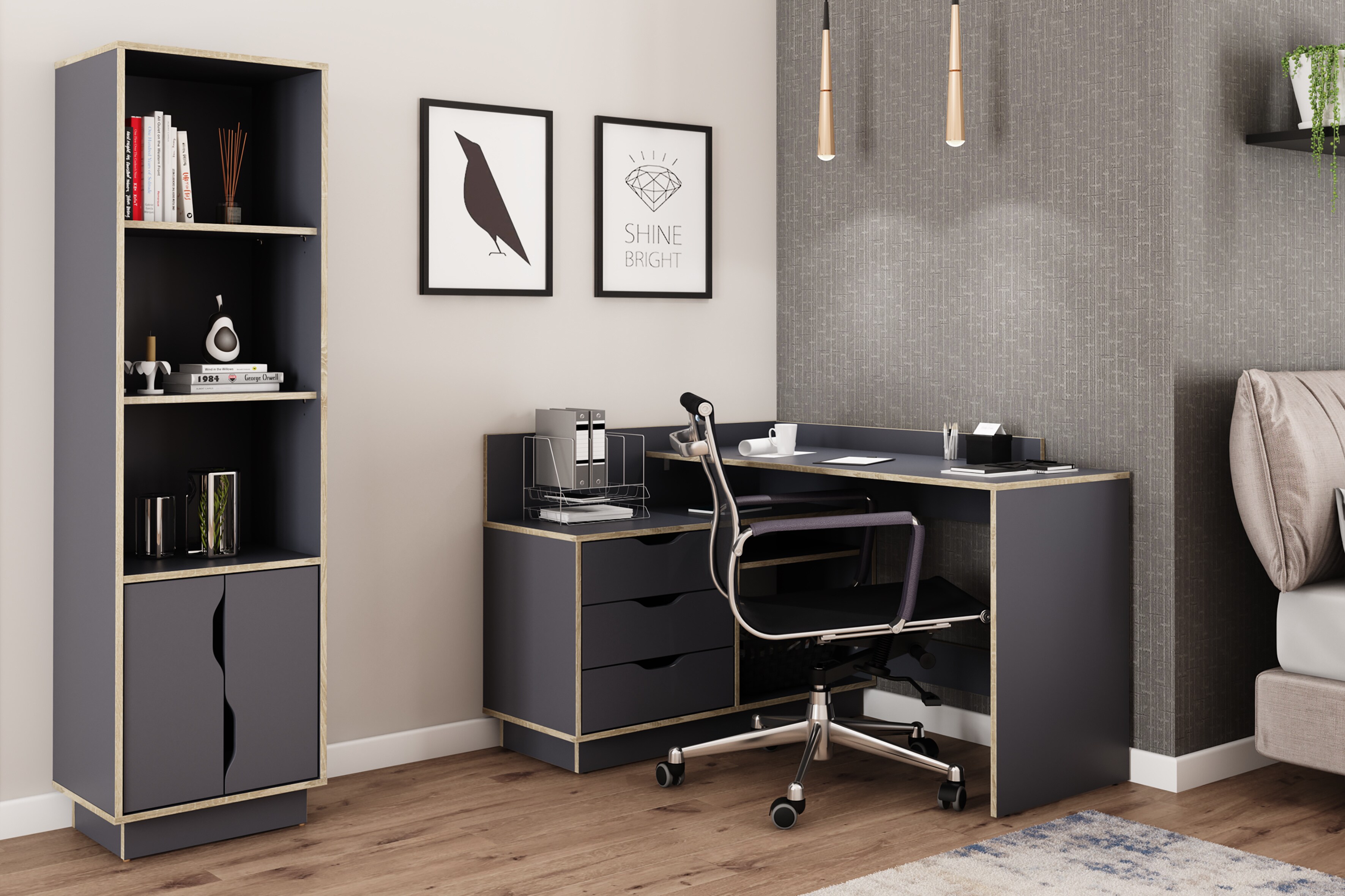 byLIVING Winkelschreibtisch BELFAST, Breite 129 cm, anthrazit/Artisan Eiche