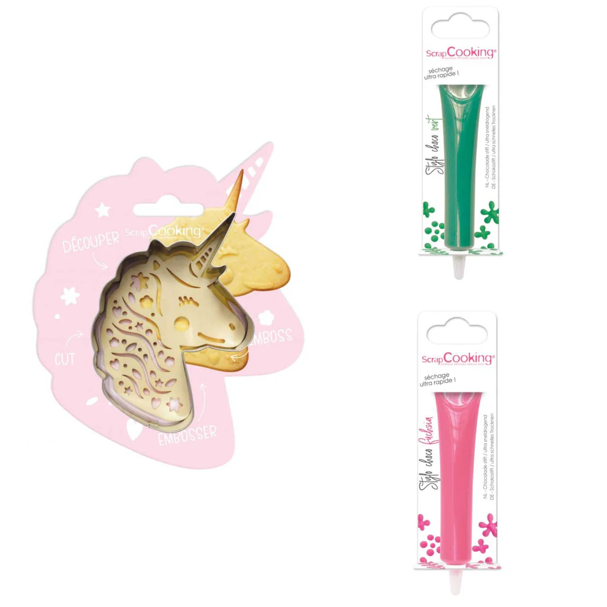 Kit pour biscuit en relief Licorne + 2 Stylos au chocolat vert et fuch