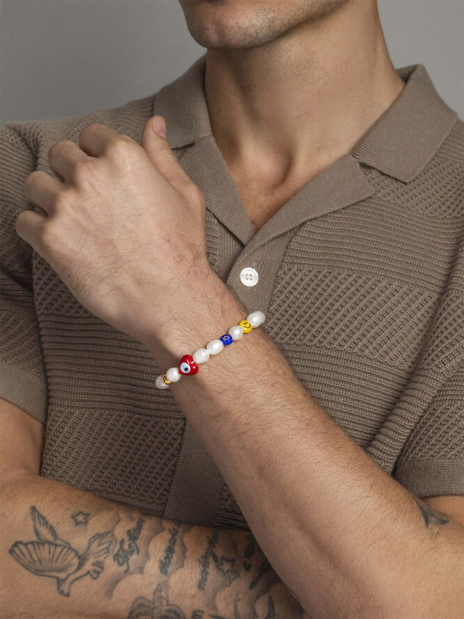 Nialaya Men's Smiley Face Pearl Bracelet Multi