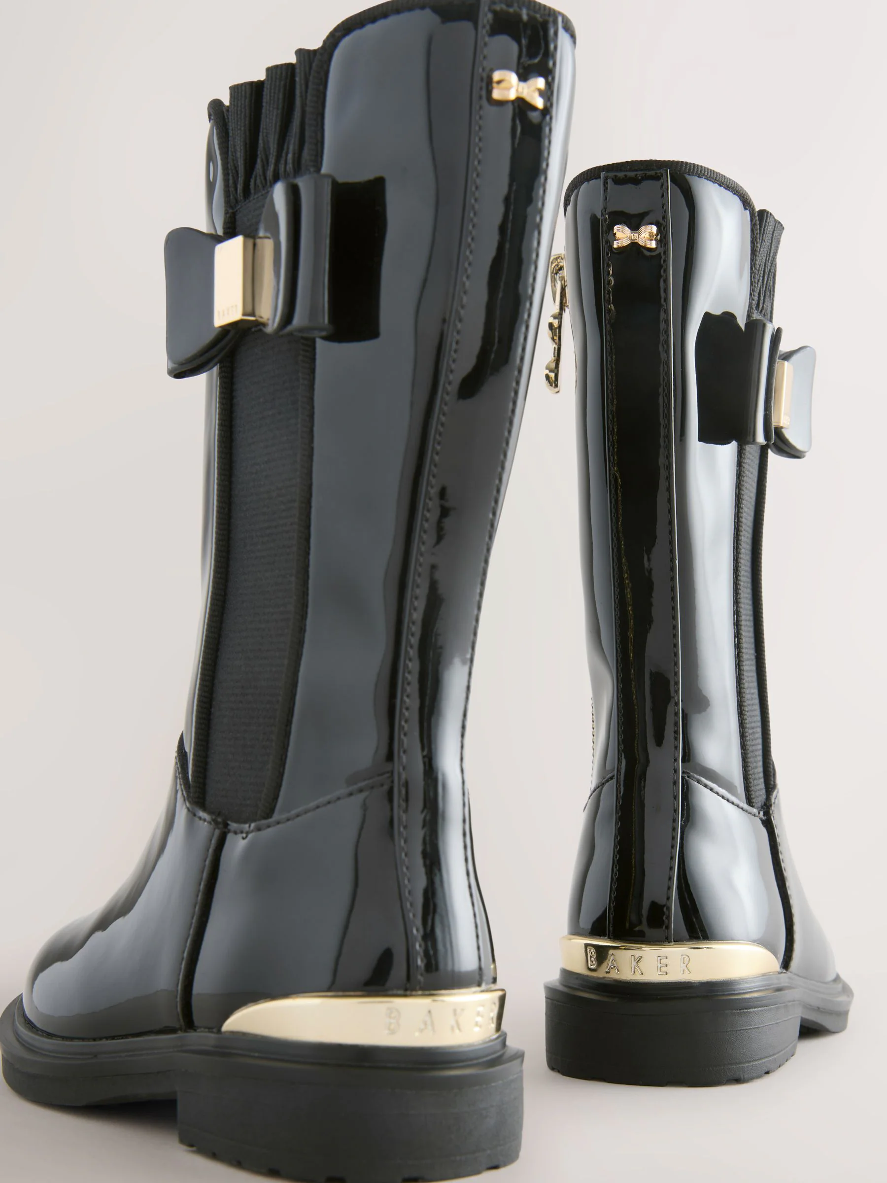 Baker by Ted Baker Girls Patent Tall Knee High Black Boots With Bow