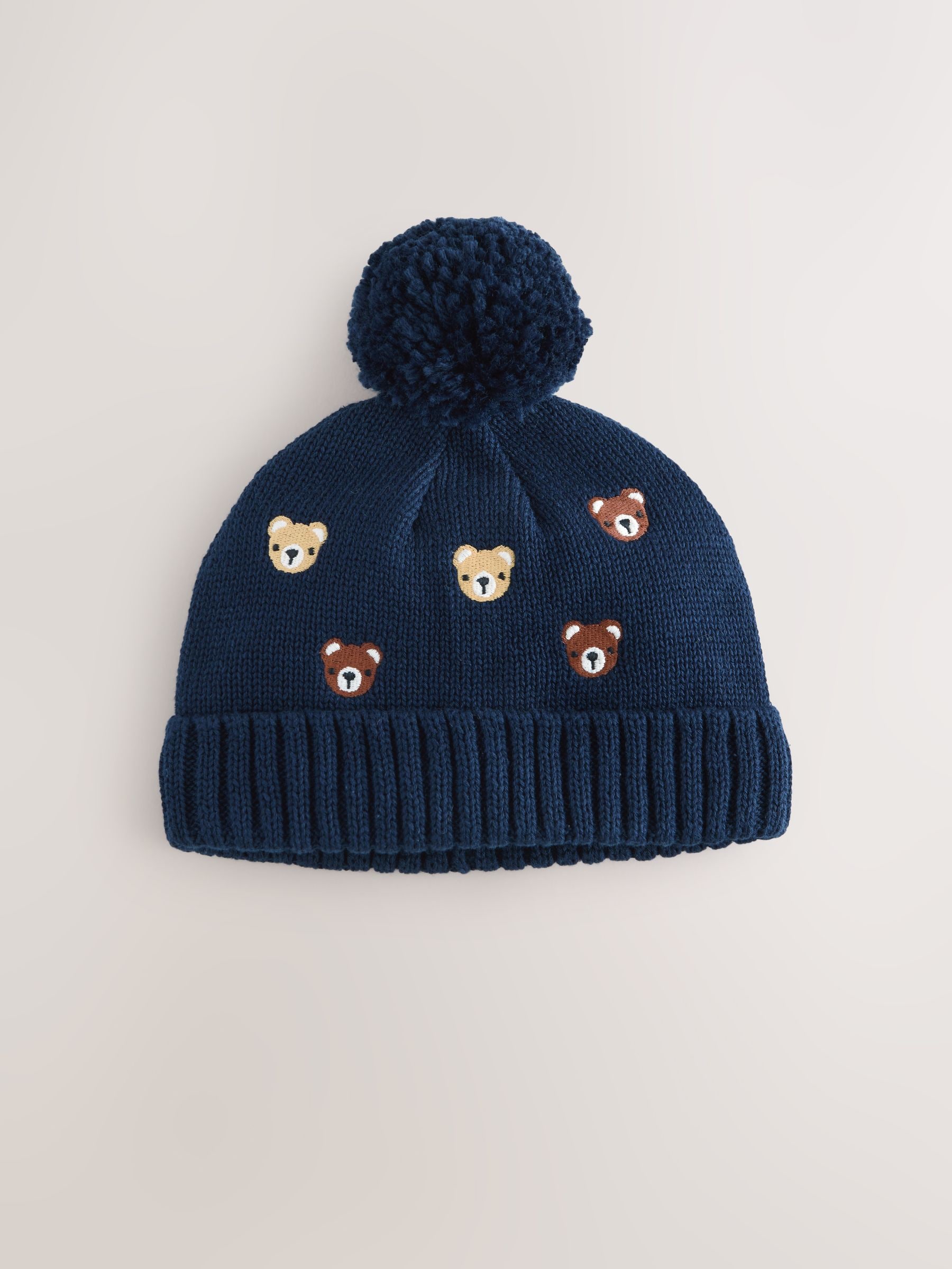 Navy Bear All Over Embroidered - Baby Hamish and Friends Knitted Hat (0mths-2yrs)