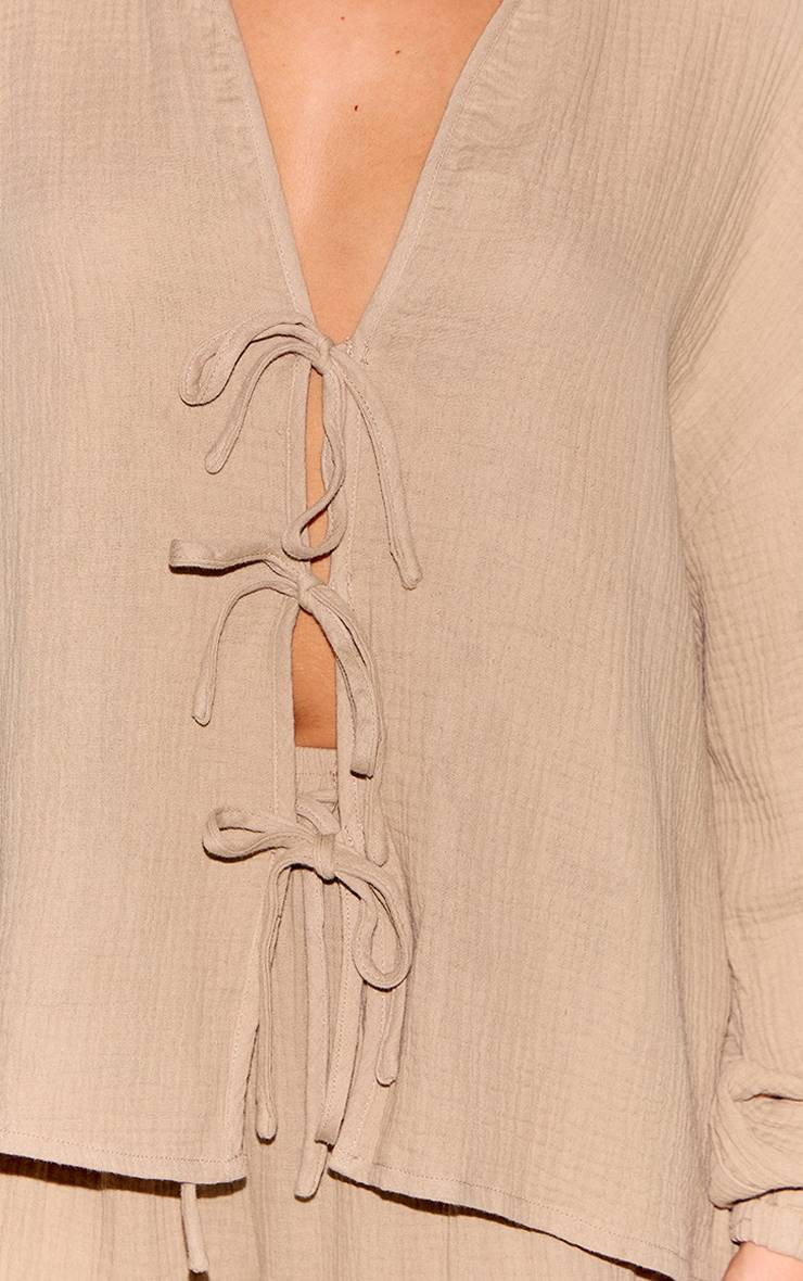 Champignon Chemise Petite À Texture Gaze De Coton Avec Nœud Devant Coordonné