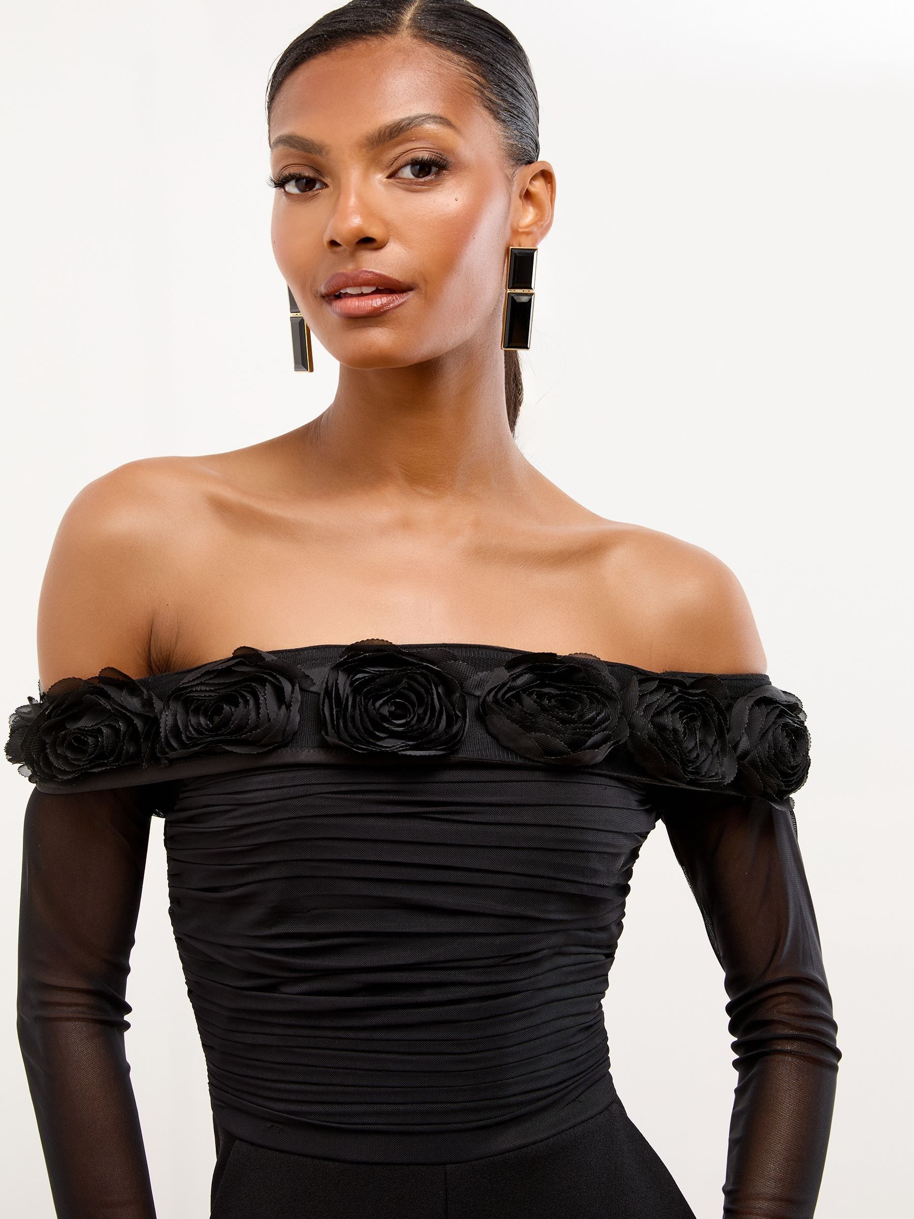 Lipsy Flower 3D Trim Bardot Long Sleeve Mesh Jumpsuit