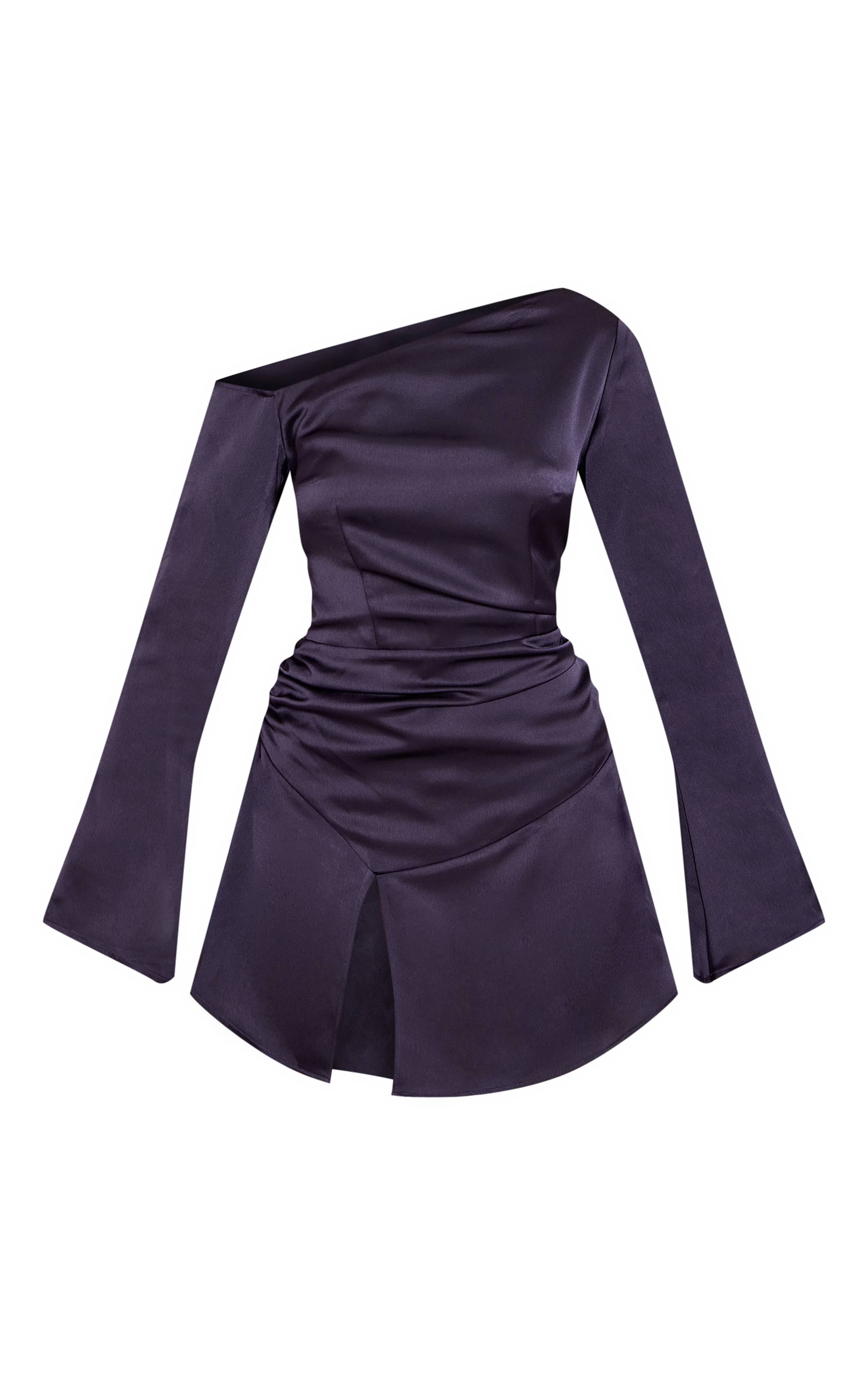 Bleu Marine Robe Droite Courte Asymétrique En Satin À Manche Longue