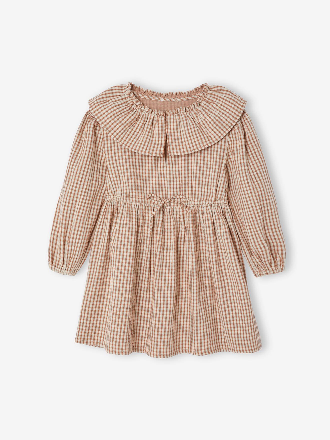 Vestido xadrez vichy com gola de babados para menina, xadrez vichy marrom