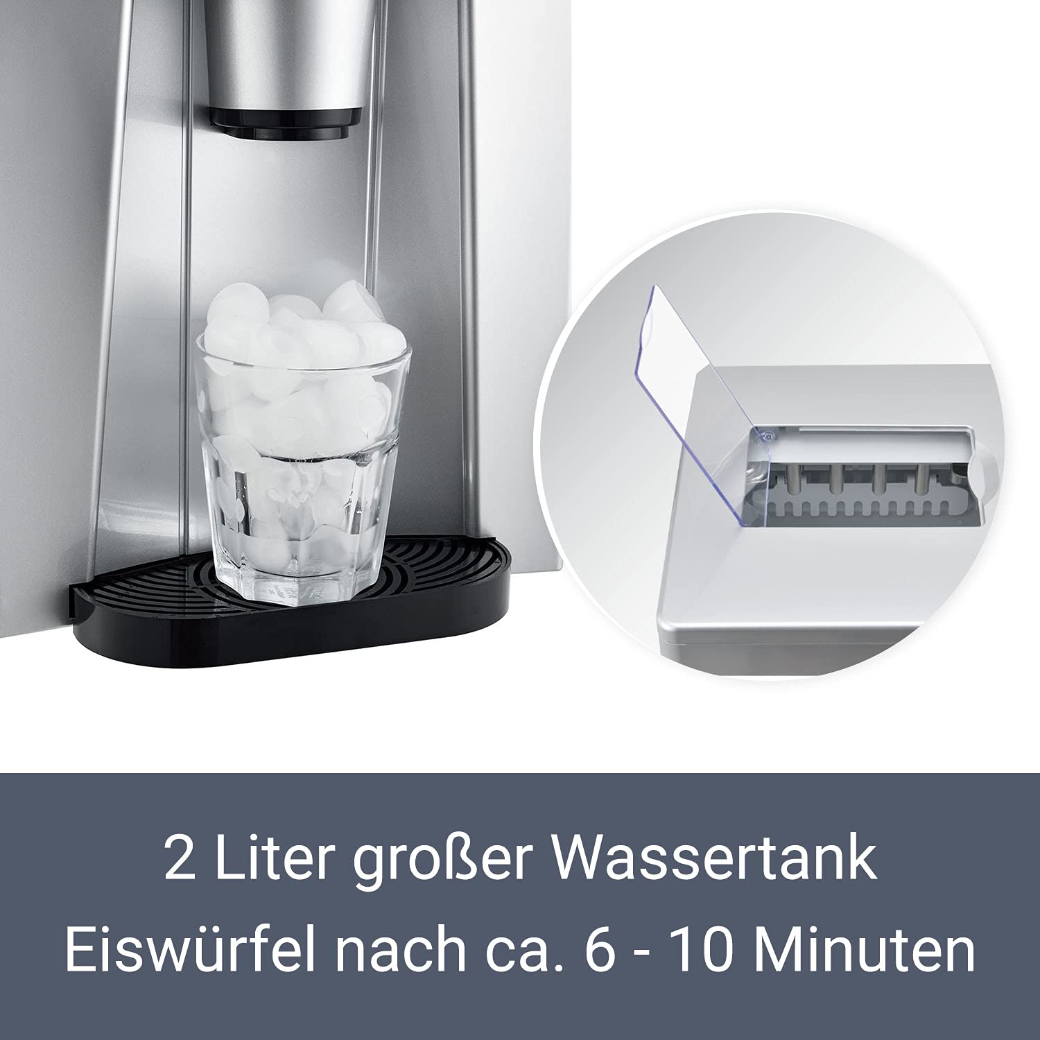 Juskys® Eiswürfelmaschine PIM200L mit 2in1 Direkt-Spender & Timer — bis 12kg / Tag, Eiswürfel in 6-10 Minuten, 2 Größen, 2L Tank — Eiswürfelbereiter silber