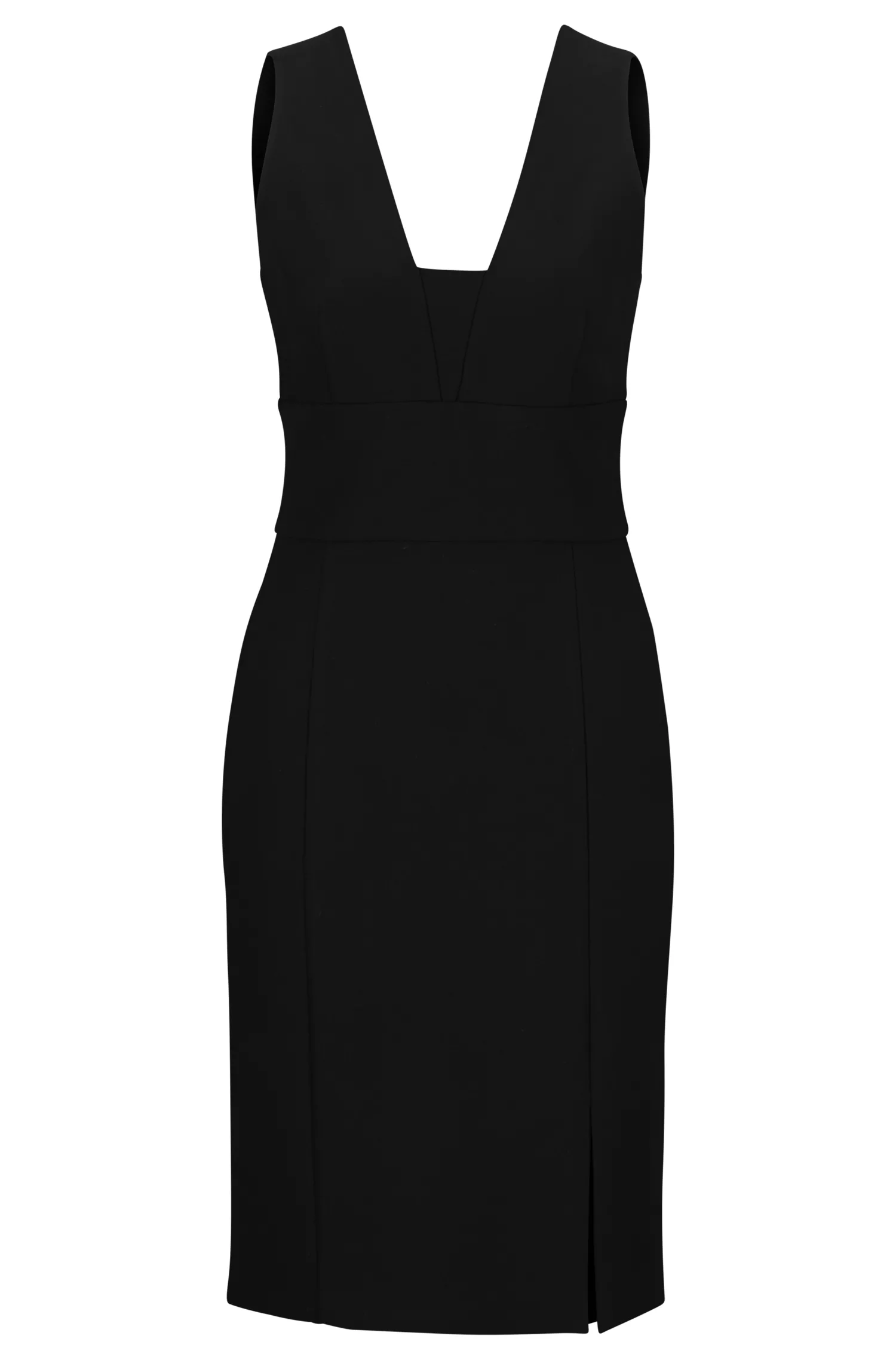 Vestido preto justo da BOSS com fenda frontal.