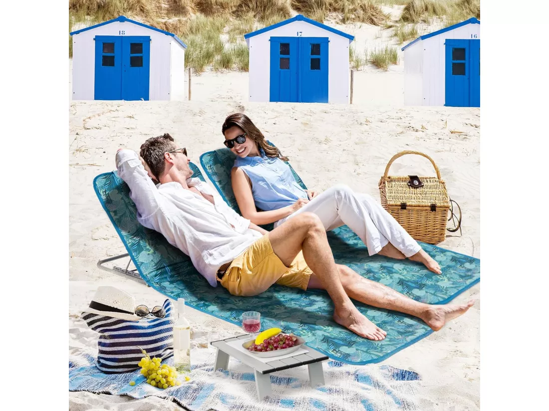 Ensemble de Tapis de Plage Pliables 2 pcs avec Table d’Appoint, Matelas de Plage avec Hauteur Réglable 27-47cm pour CamBoisg (Vert d'eau)