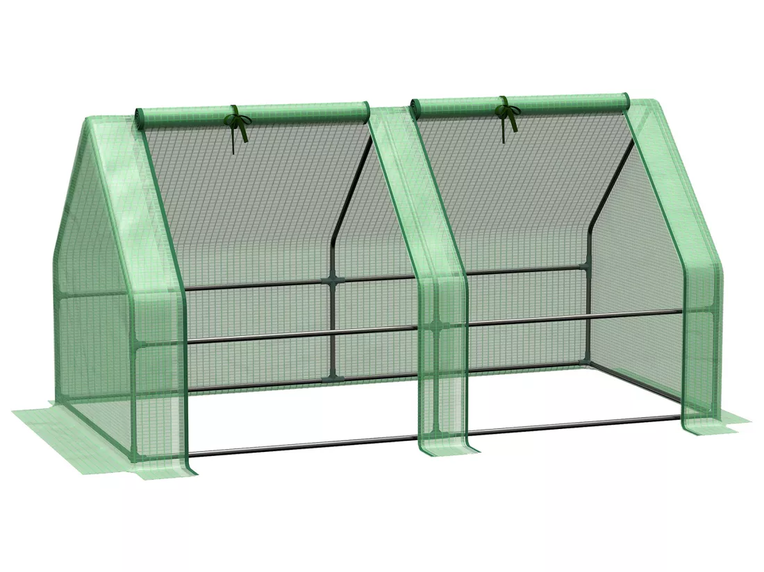 Mini serre de jardin serre à tomates dim. 180L x 90l x 90H cm acier PE haute densité 140 g/m² anti-UV 2 fenêtres zippées enroulables vert