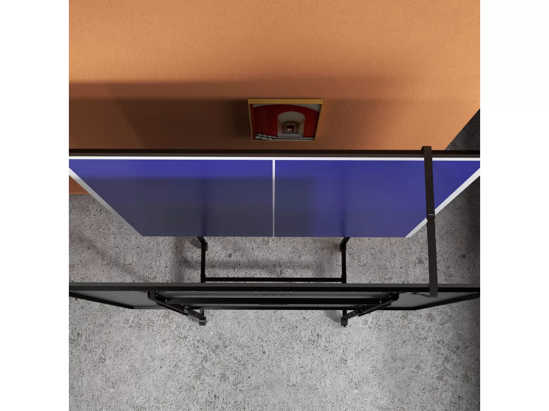 Table de ping-pong pliable compacte avec 4 roulettes bleu