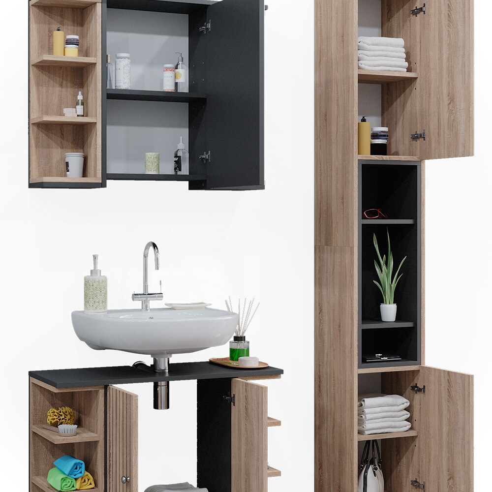 Vicco Badmöbel-Set Aquis, Sonoma Anthrazit, Badezimmer, moderne Badserie, Waschtischunterschrank, Spiegelschrank, Hochschrank