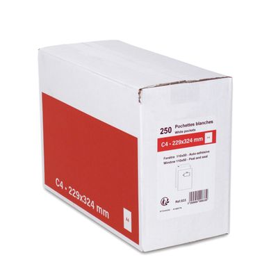 GPV - 250 Pochettes Enveloppes C4 229 x 324 mm - 90 gr - fenêtre 50x110 mm - blanc - bande adhésive
