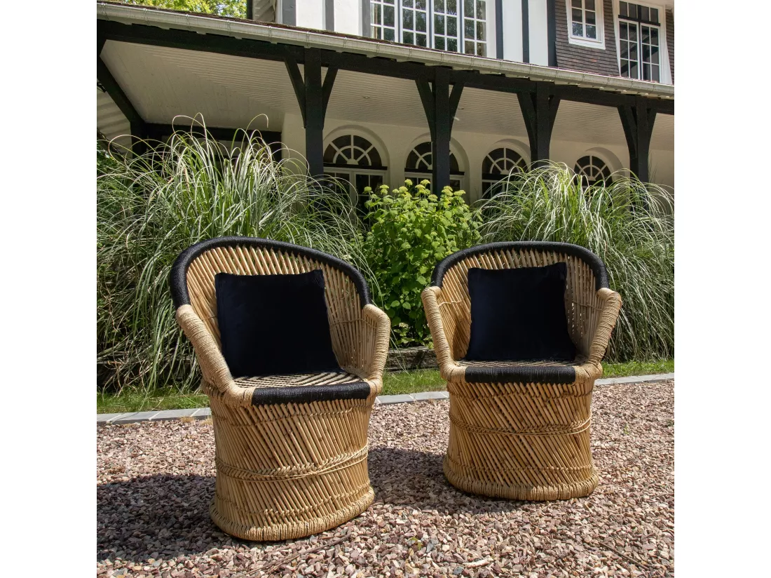 Now's Home - Lot De 2 Fauteuils En Bambou Naturel Et Noir Avec Deux Coussins Noirs