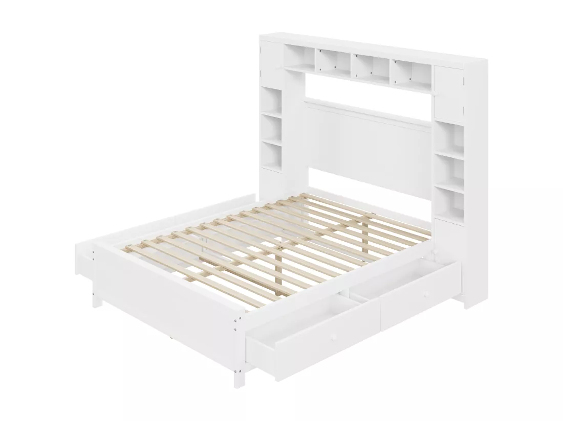 Lit 140 x 200 cm avec 4 tiroirs et rangement - Bois massif - Décor blanc - CONAN