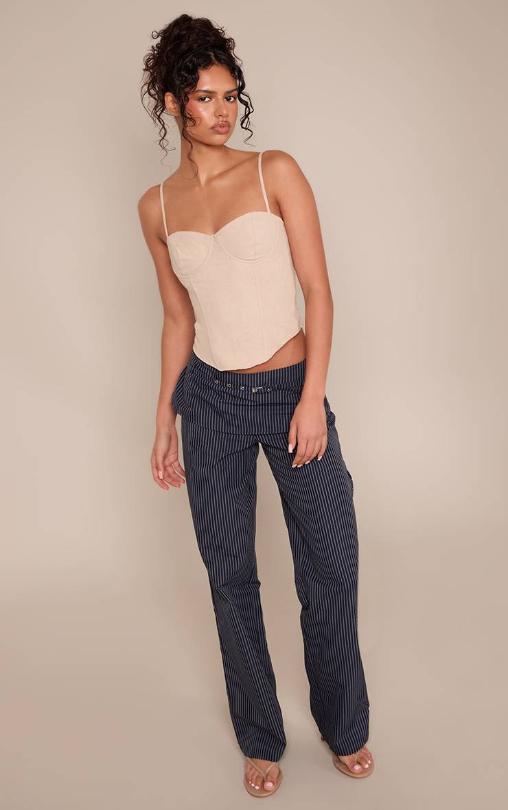 Bleu Marine Pantalon À Rayures Fines Avec Taille Repliée Et Détail Ceinture