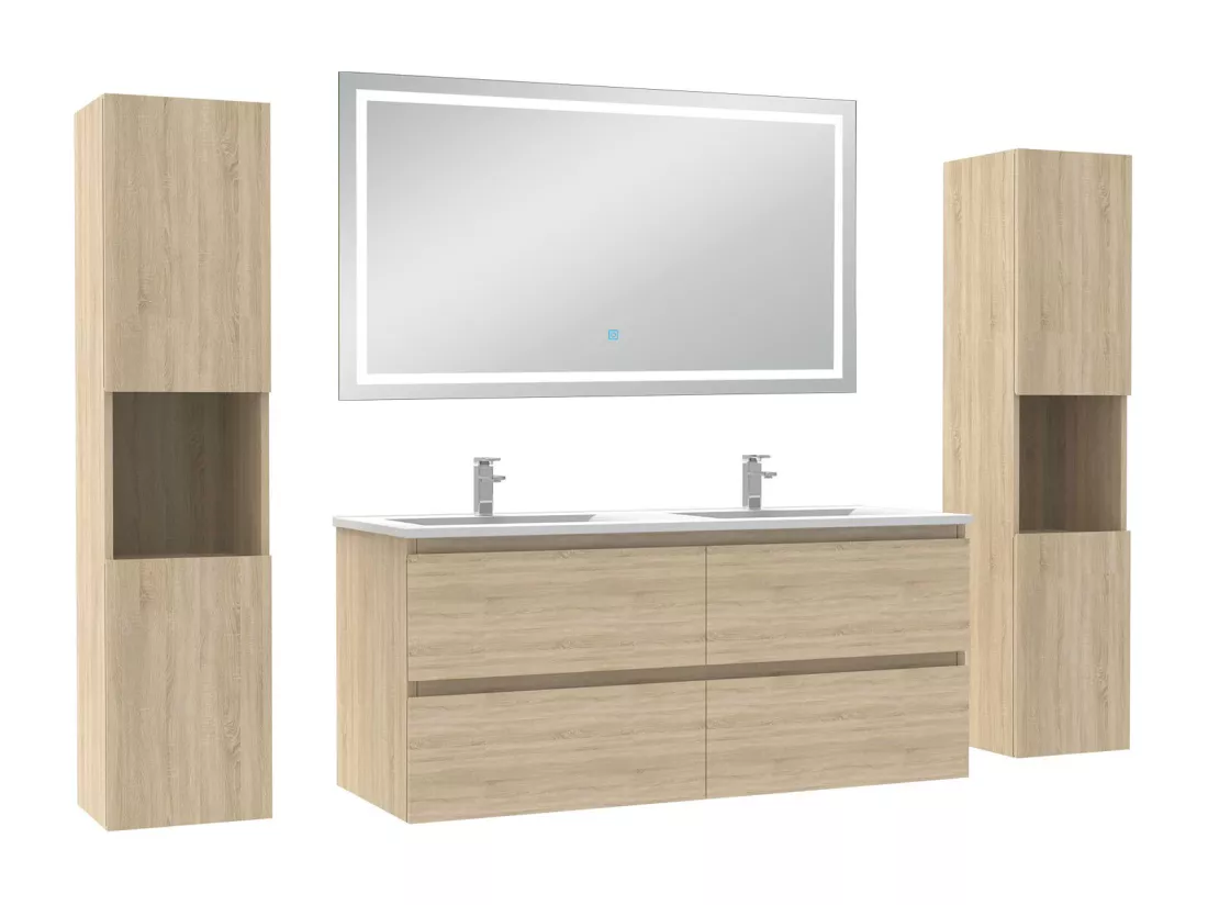 Ensemble meubles Salle de Bain 120cm avec colonne et miroir lumineux 3 couleurs et dimmable Chêne Wotan