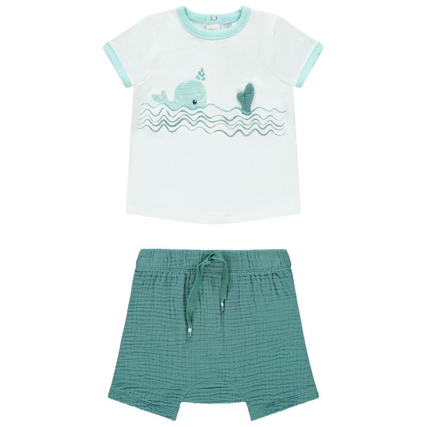 Ensemble avec t-shirt print baleine et short en gaze de coton - Ecru