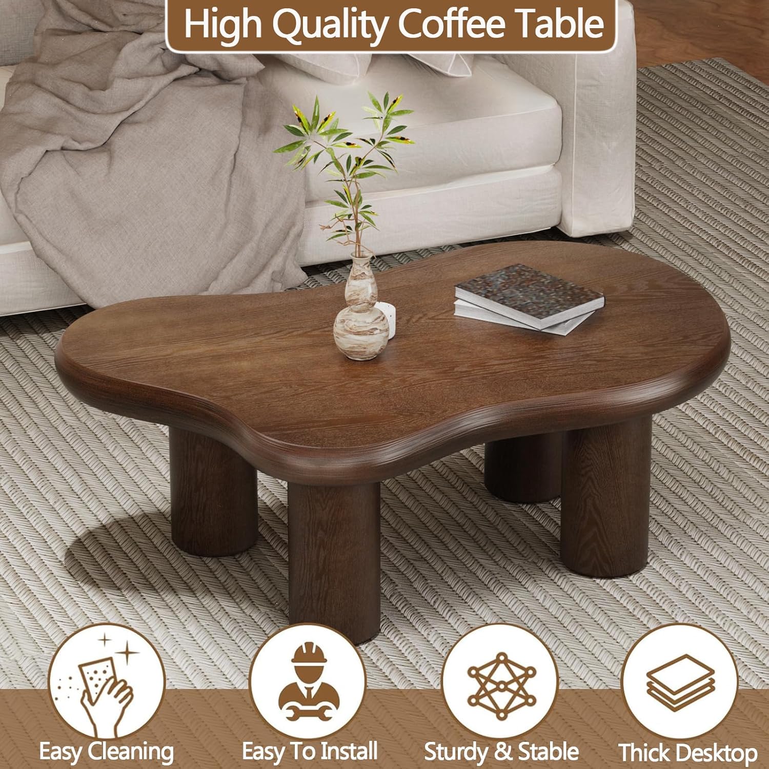 Cloud Couchtisch, modern, niedlich, unregelmäßig, einfacher Tee-/Mitteltisch für kleinen Raum, Beistelltisch für Wohnzimmer, Heimbüro, drinnen (Braun 116,8 x 78,7 x 38,9 cm (B x T x H)