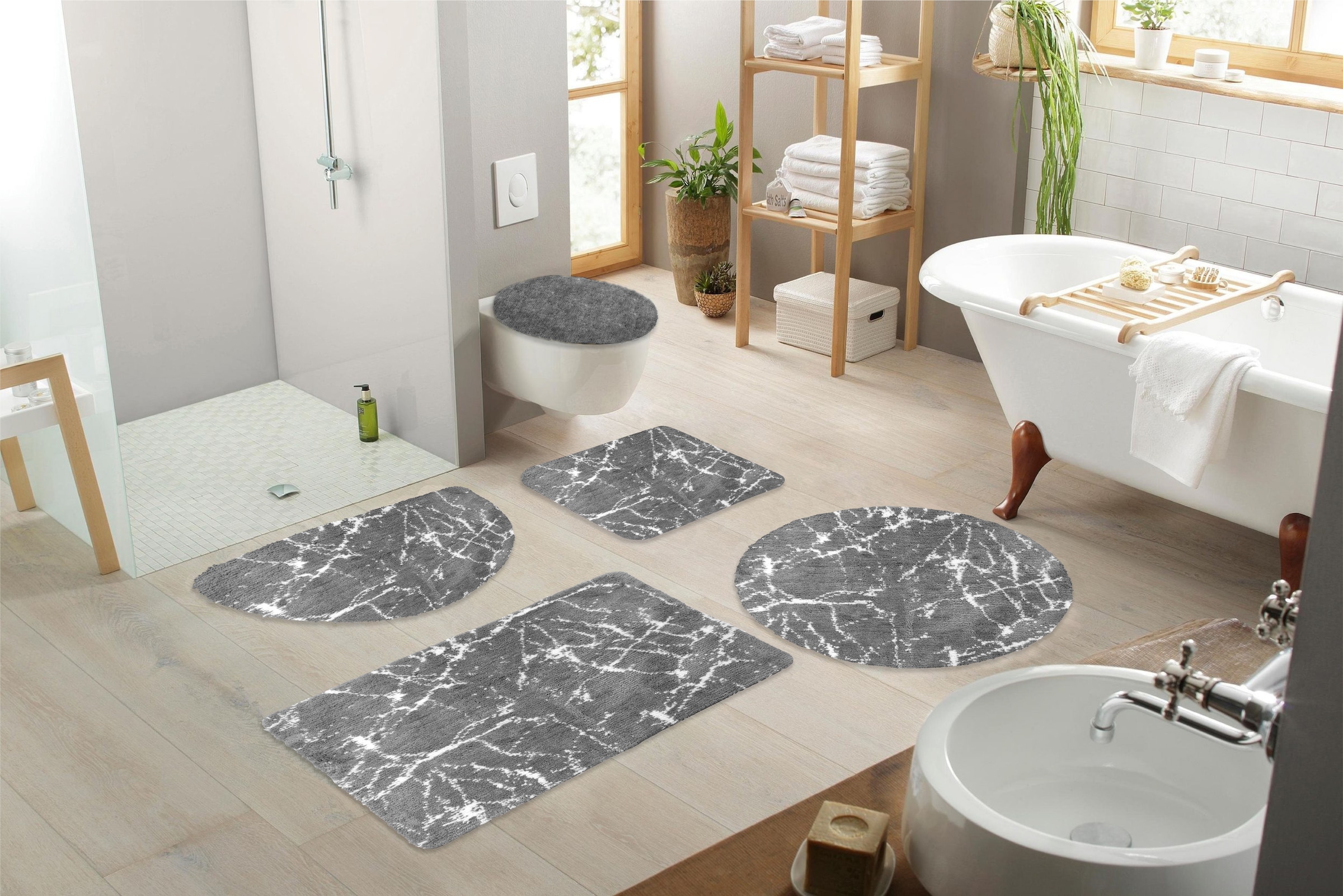 my home Badematte »Marble« Höhe 15 mm rutschhemmend beschichtet fussbodenheizungsgeeignet | schnell trocknend | strapazierfähig Badteppich, Marmor-Design, auch als 3-teiliges Badematten Set