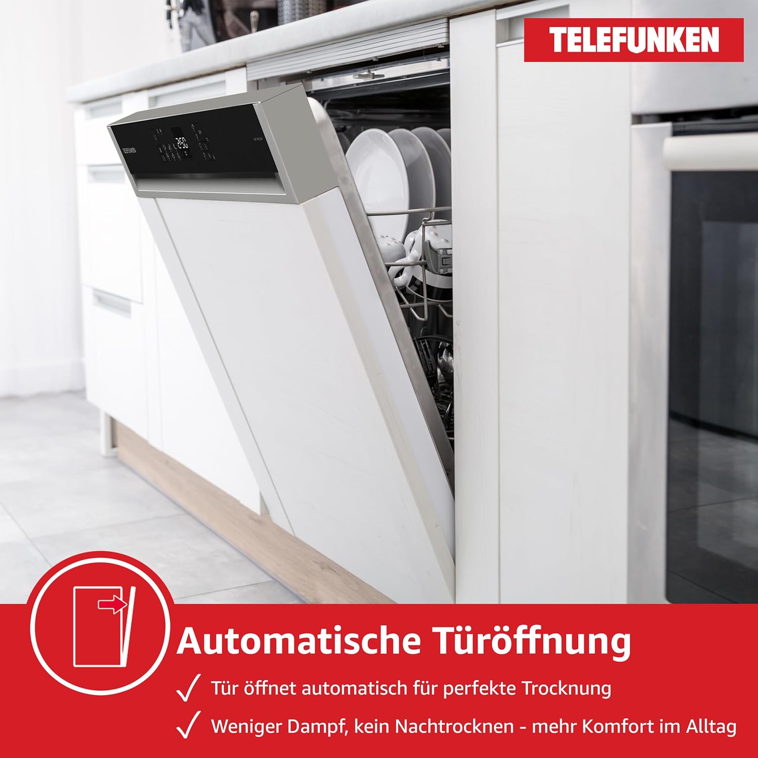 Telefunken Geschirrspüler 60 cm teilintegrierbar, Einbau Spülmaschine, 12 Maßgedecke, 6 Programme, AquaStop, Startzeitvorwahl, Auto-Door, leise 45 dB, Eco, höhenverstellbar, Besteckkorb, GET6012DI